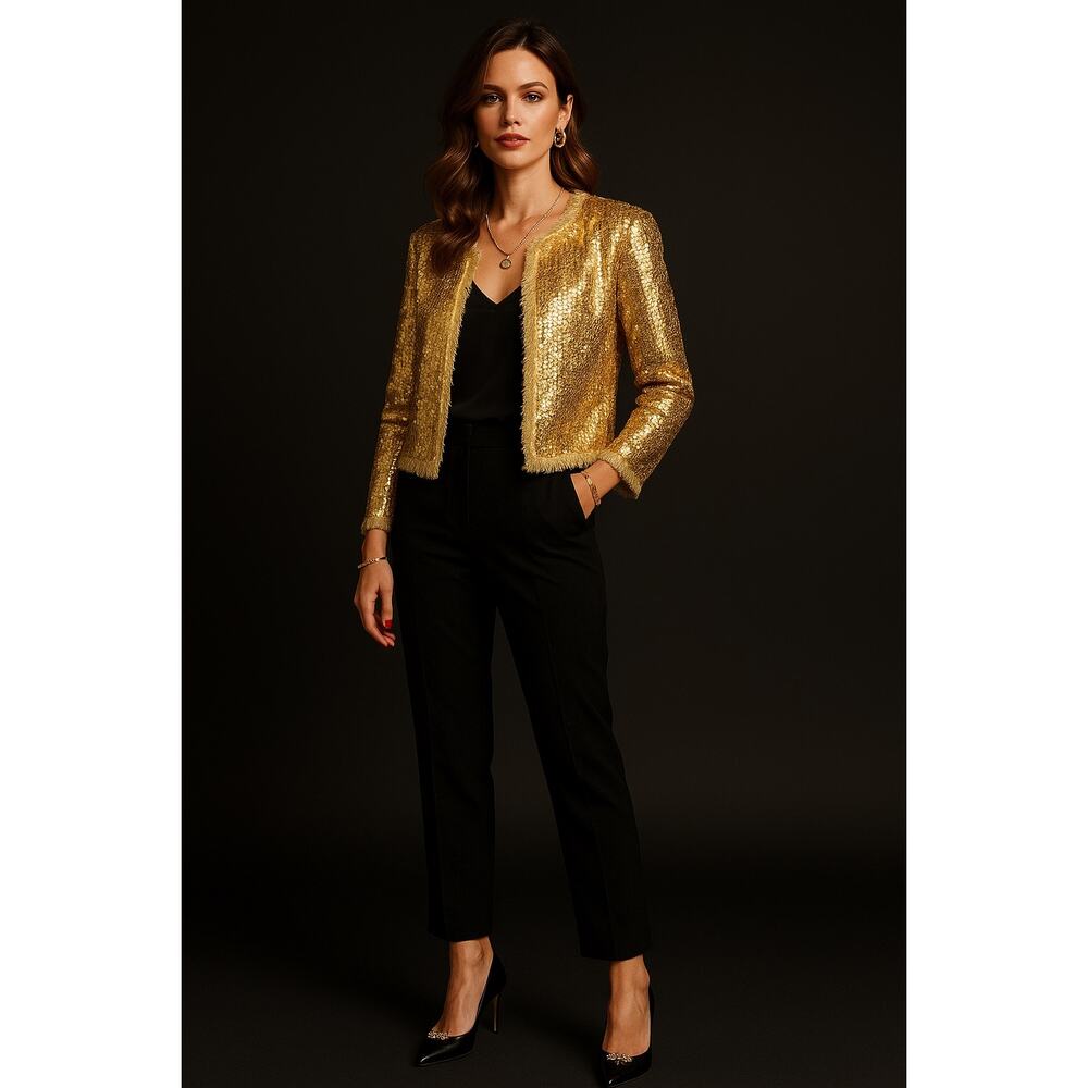 Vintage Alberto Makali 90s Y2K Gold Sequin Cocktail Jacket Linen Large Holiday